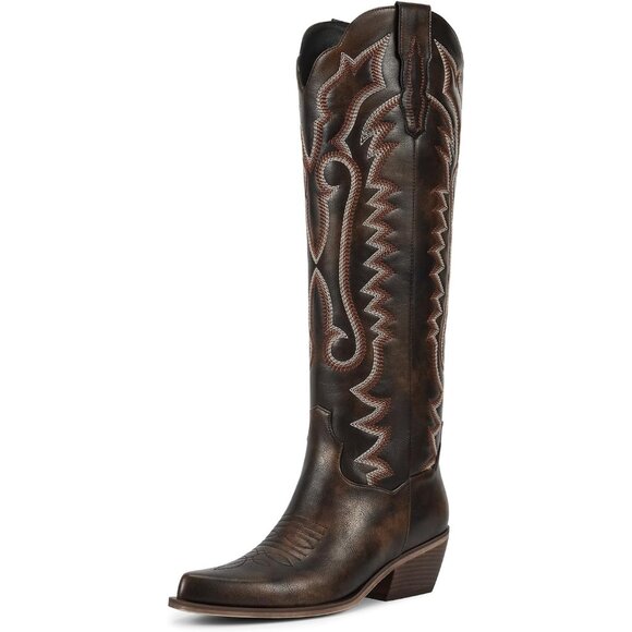 Women's Vintage Western Boots With Floral Embroidered Pointed Toe Chunky Heel - Picture 1 of 6